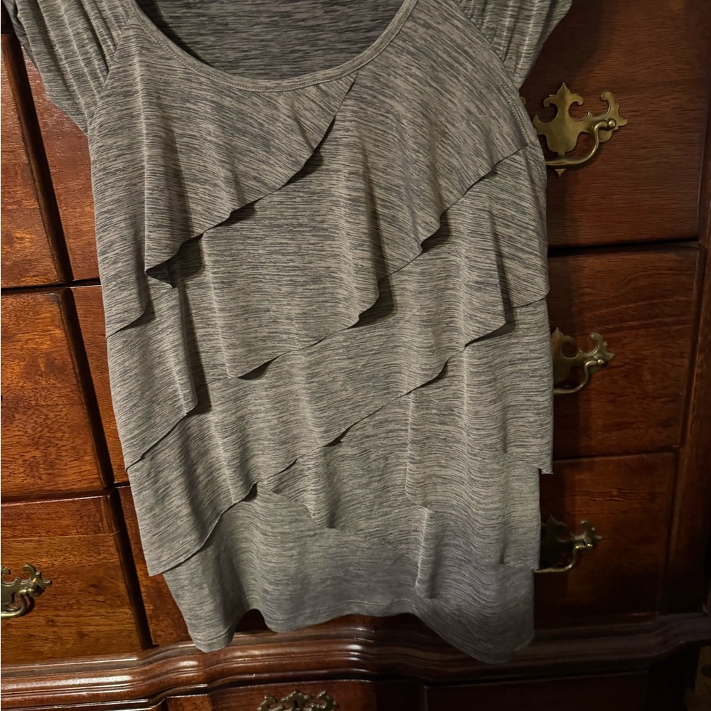 New Directions Heather Gray Ruffle Blouse
